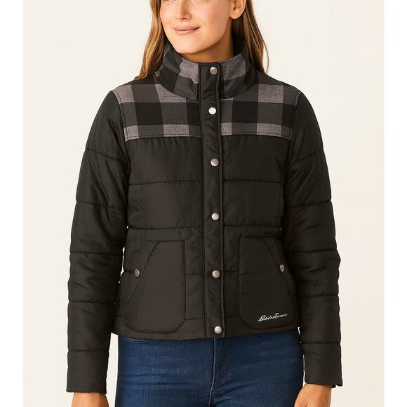 Eddie Bauer Puffer Jacket Coat Buffalo Plaid Trim - Picture 1 of 9